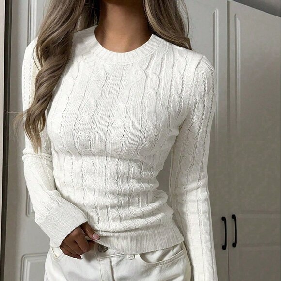 White Casual Women's Lightweight Round Neck Long Sleeve Slim Fit Fitted Cropped - Picture 3 of 6